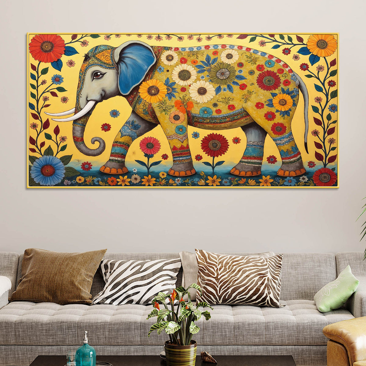 Decorative Madhubani Elephant Floral Canvas Wall Painting