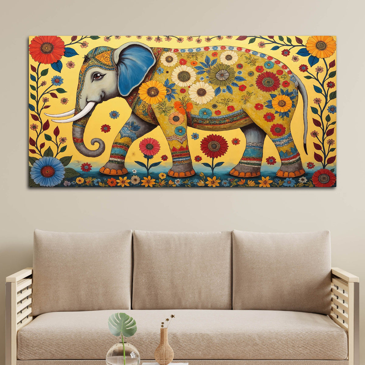 Decorative Madhubani Elephant Floral Canvas Wall Painting