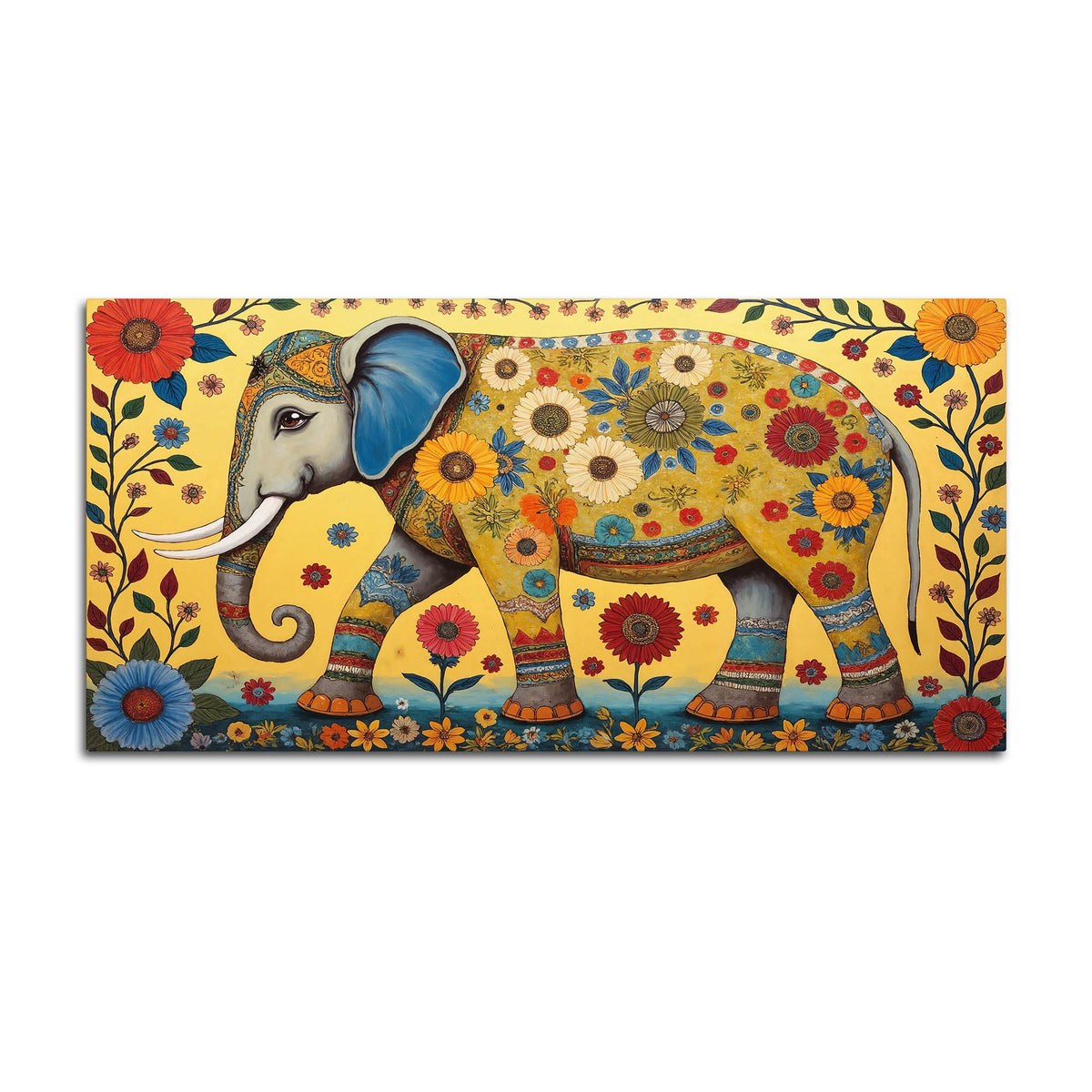 Decorative Madhubani Elephant Floral Canvas Wall Painting