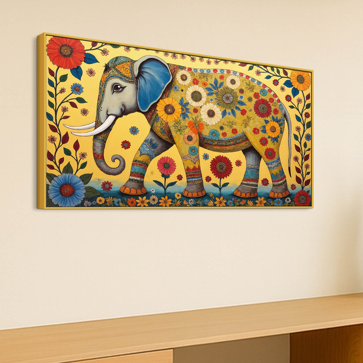Decorative Madhubani Elephant Floral Canvas Wall Painting