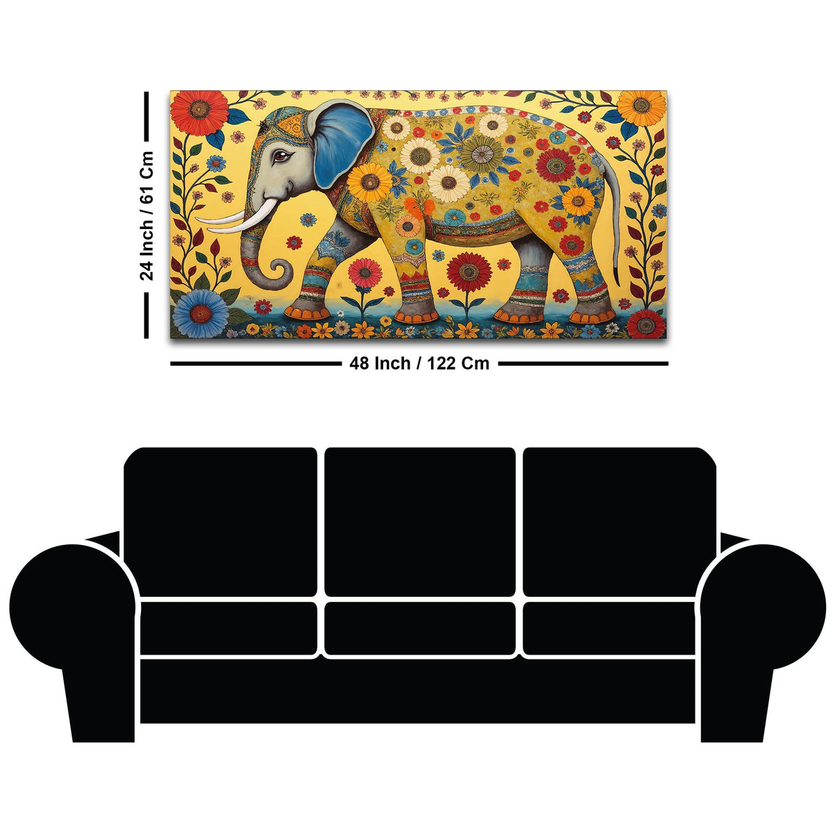 Decorative Madhubani Elephant Floral Canvas Wall Painting