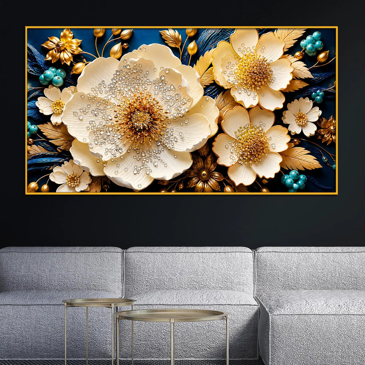 Decorative White Floral Floating Frame Crystal Wall Painting