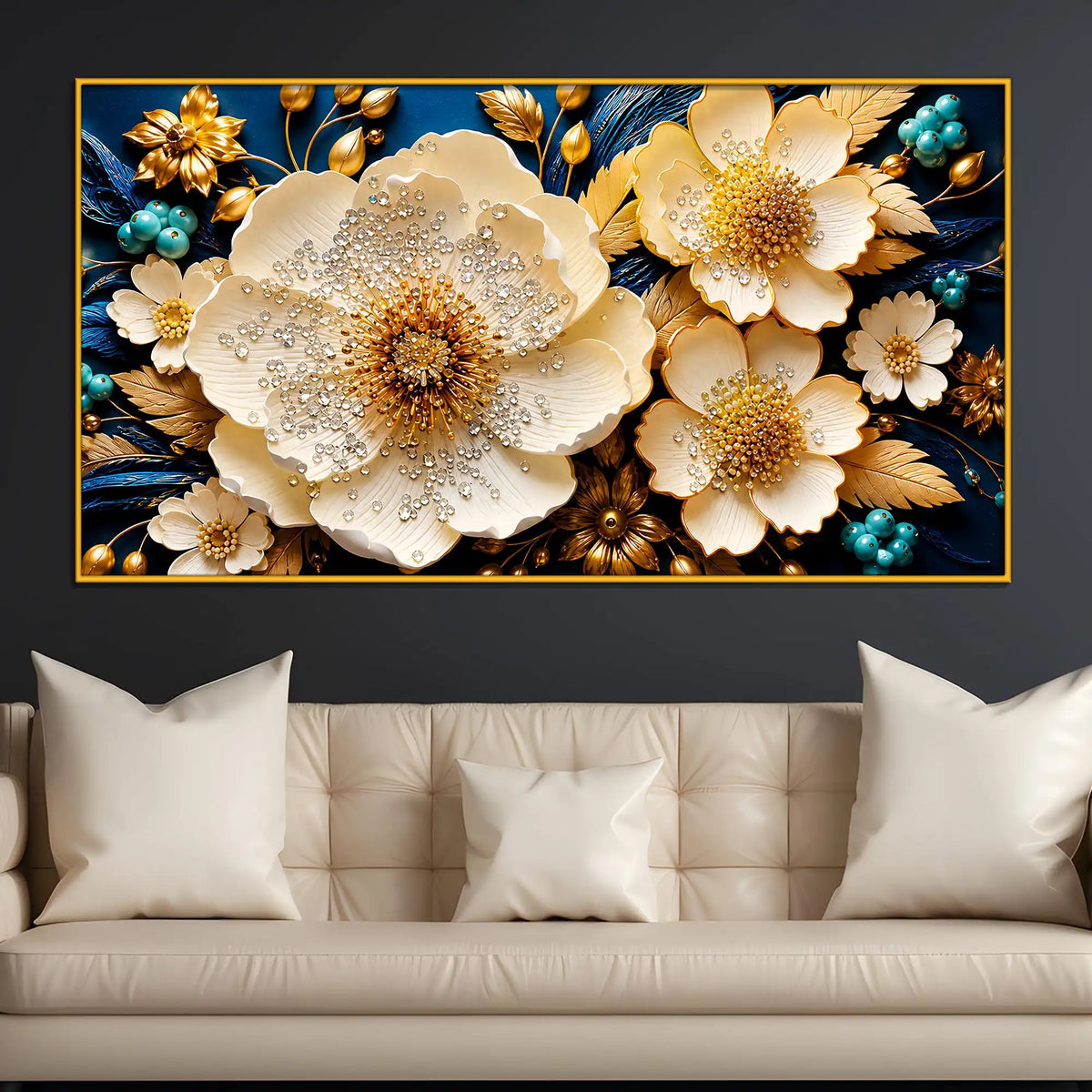 Decorative White Floral Floating Frame Crystal Wall Painting