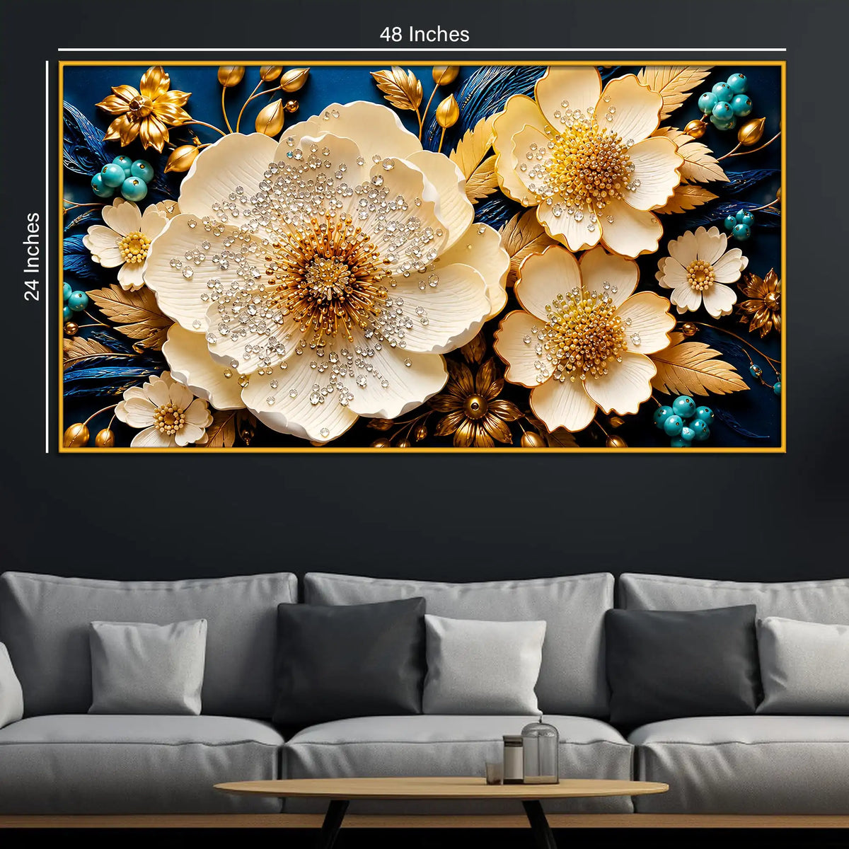 Decorative White Floral Floating Frame Crystal Wall Painting