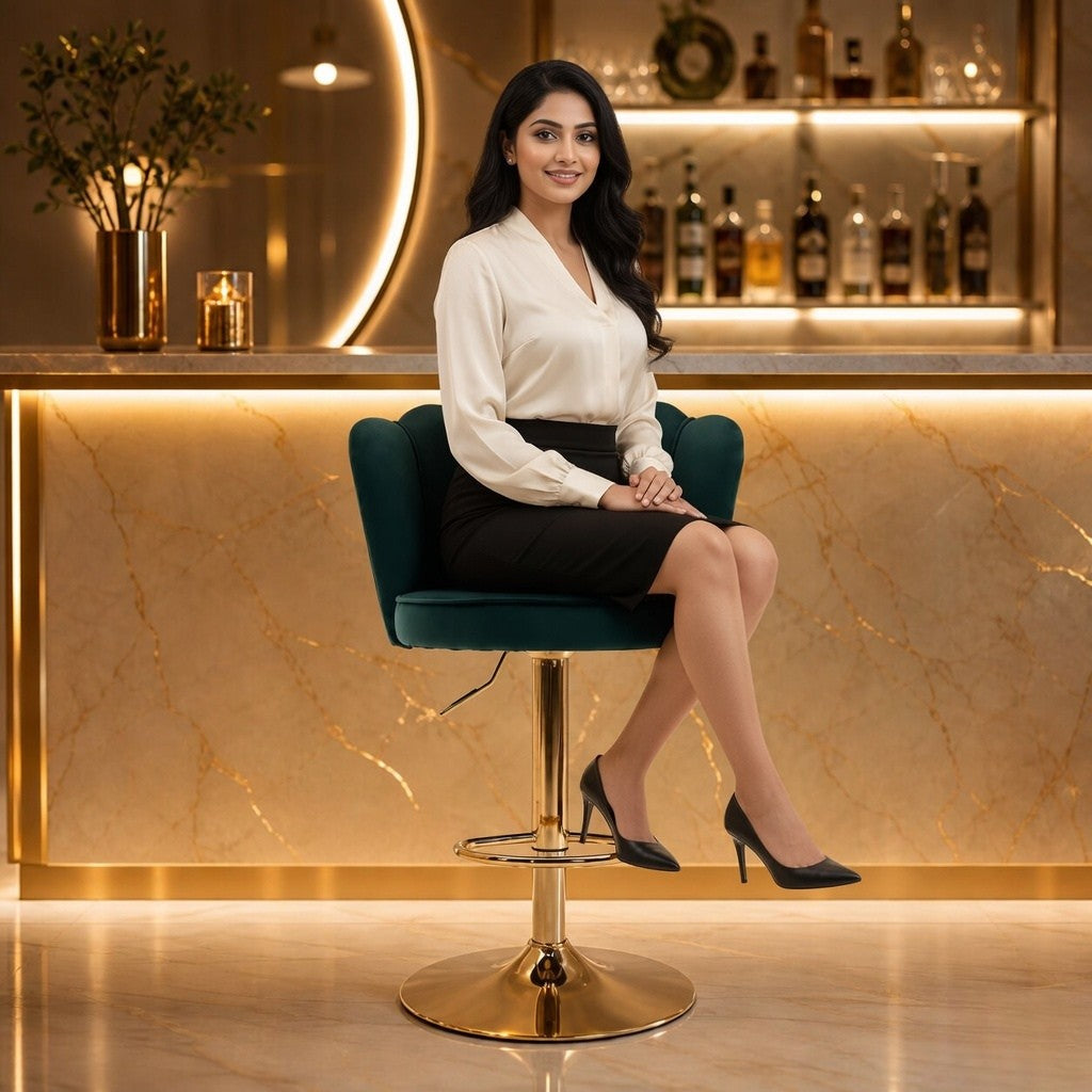 Deep Green Velvet Lounge Bar Stools with Glamorous Golden Frame
