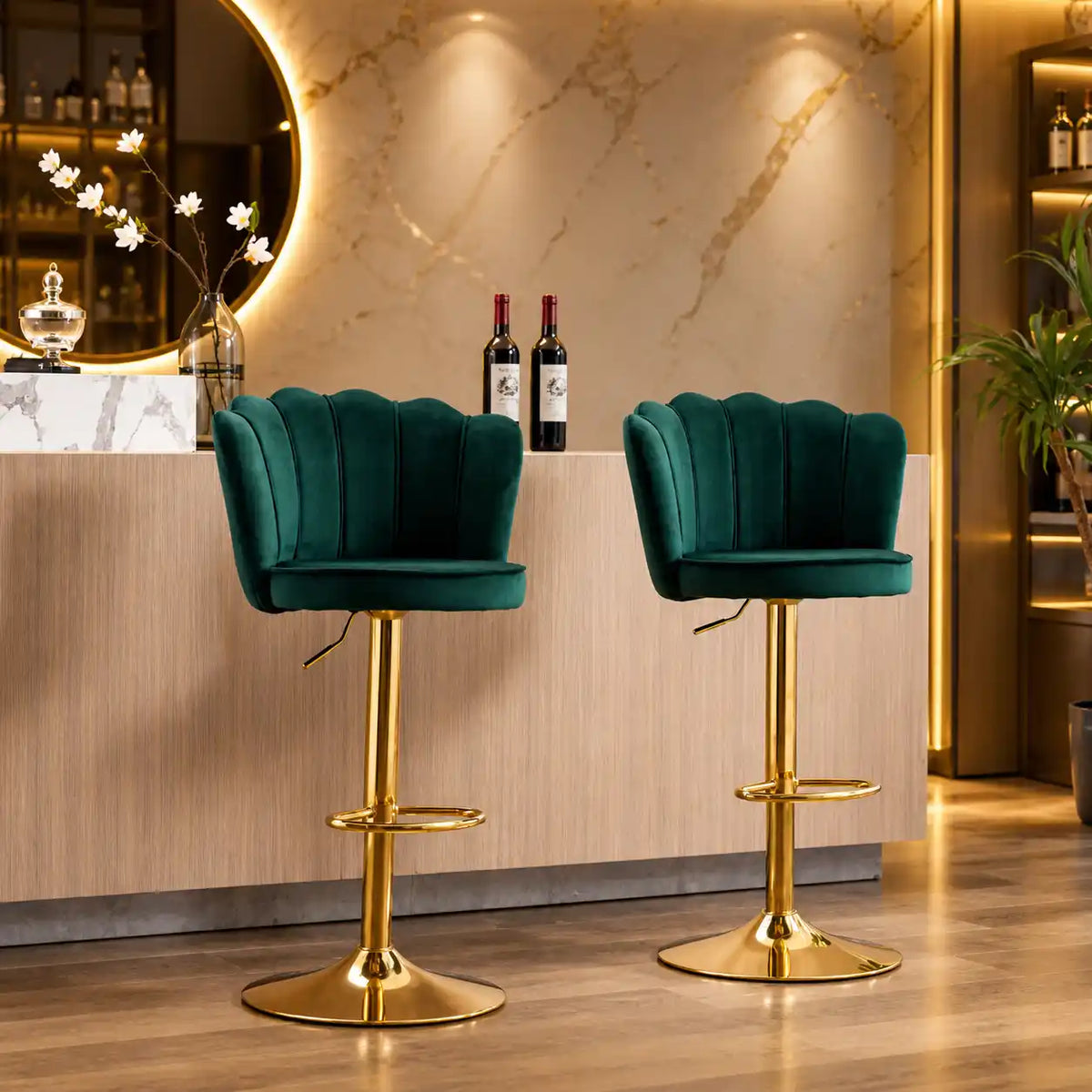 Deep Green Velvet Lounge Bar Stools with Glamorous Golden Frame