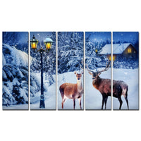 Deer in Snowy Forest Canvas Wall Painting Set of Five