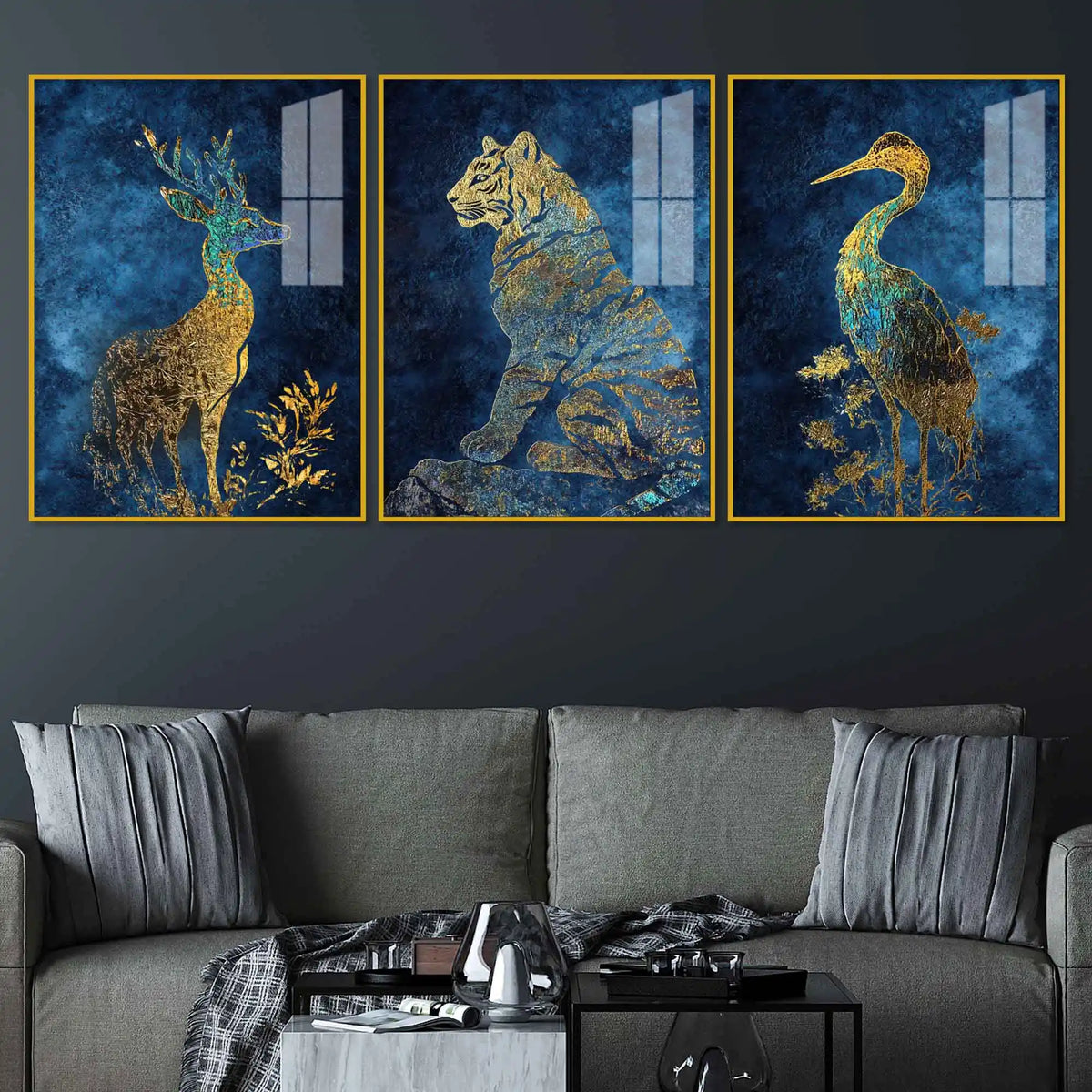 Deer Tiger Crane Gold Wildlife Acrylic Floating Frame Wall Painting Set of 3