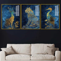 Deer Tiger Crane Gold Wildlife Acrylic Floating Frame Wall Painting Set of 3