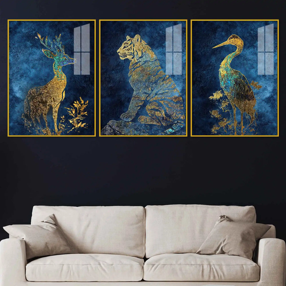 Deer Tiger Crane Gold Wildlife Acrylic Floating Frame Wall Painting Set of 3