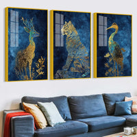 Deer Tiger Crane Gold Wildlife Acrylic Floating Frame Wall Painting Set of 3