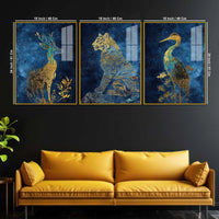 Deer Tiger Crane Gold Wildlife Acrylic Floating Frame Wall Painting Set of 3