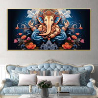 Depicting Huge Lord Shri Ganesha Temple Scene Artistic Canvas Wall Painting for Home & Office – Elegant Spiritual Wall Decor