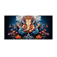 Depicting Huge Lord Shri Ganesha Temple Scene Artistic Canvas Wall Painting for Home & Office – Elegant Spiritual Wall Decor