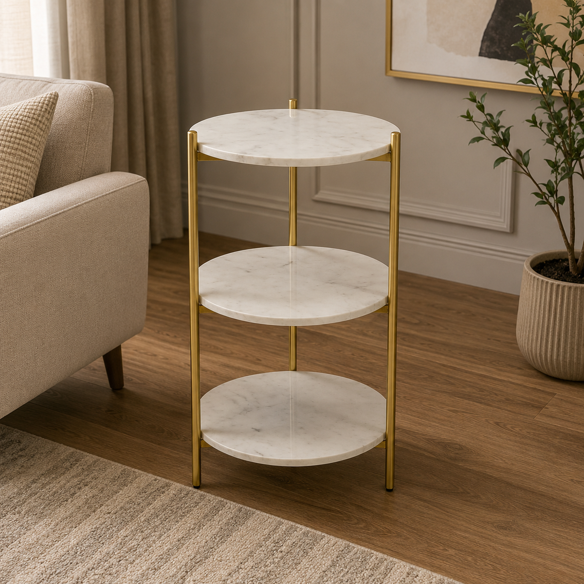 Designer 3 Tier Table with White Marble Finish