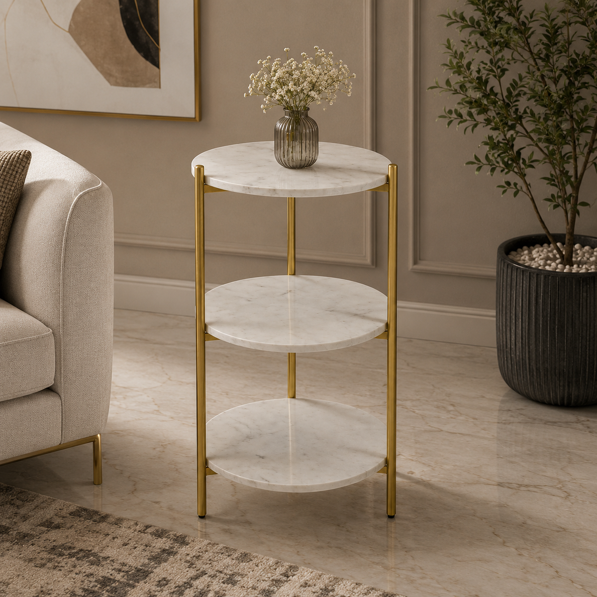 Designer 3 Tier Table with White Marble Finish