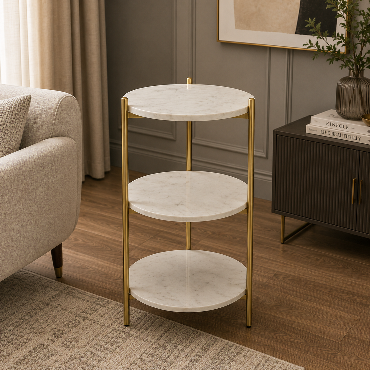 Designer 3 Tier Table with White Marble Finish
