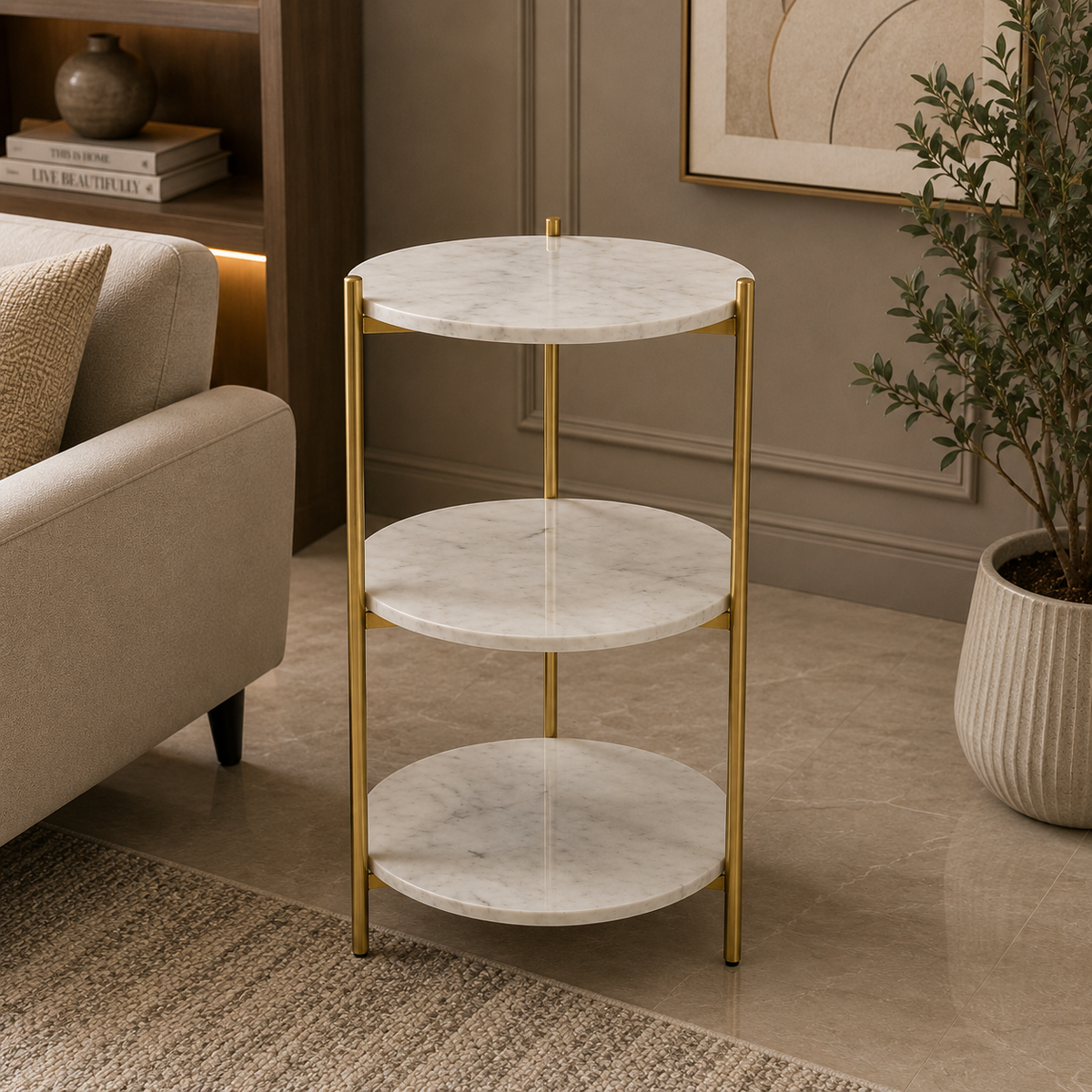 Designer 3 Tier Table with White Marble Finish