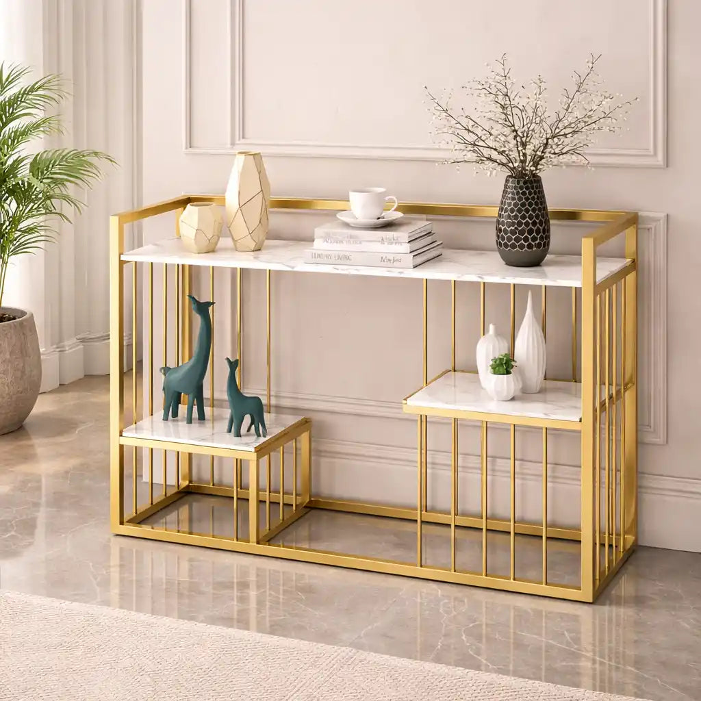 Designer 3-Tier White Faux Marble Golden Console Table