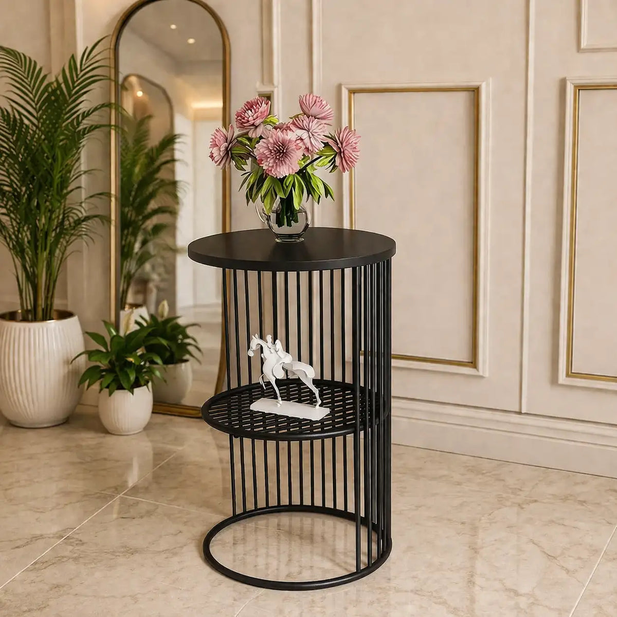 Designer Art Classic Black Finish Half Caged Coffee Round Side Table