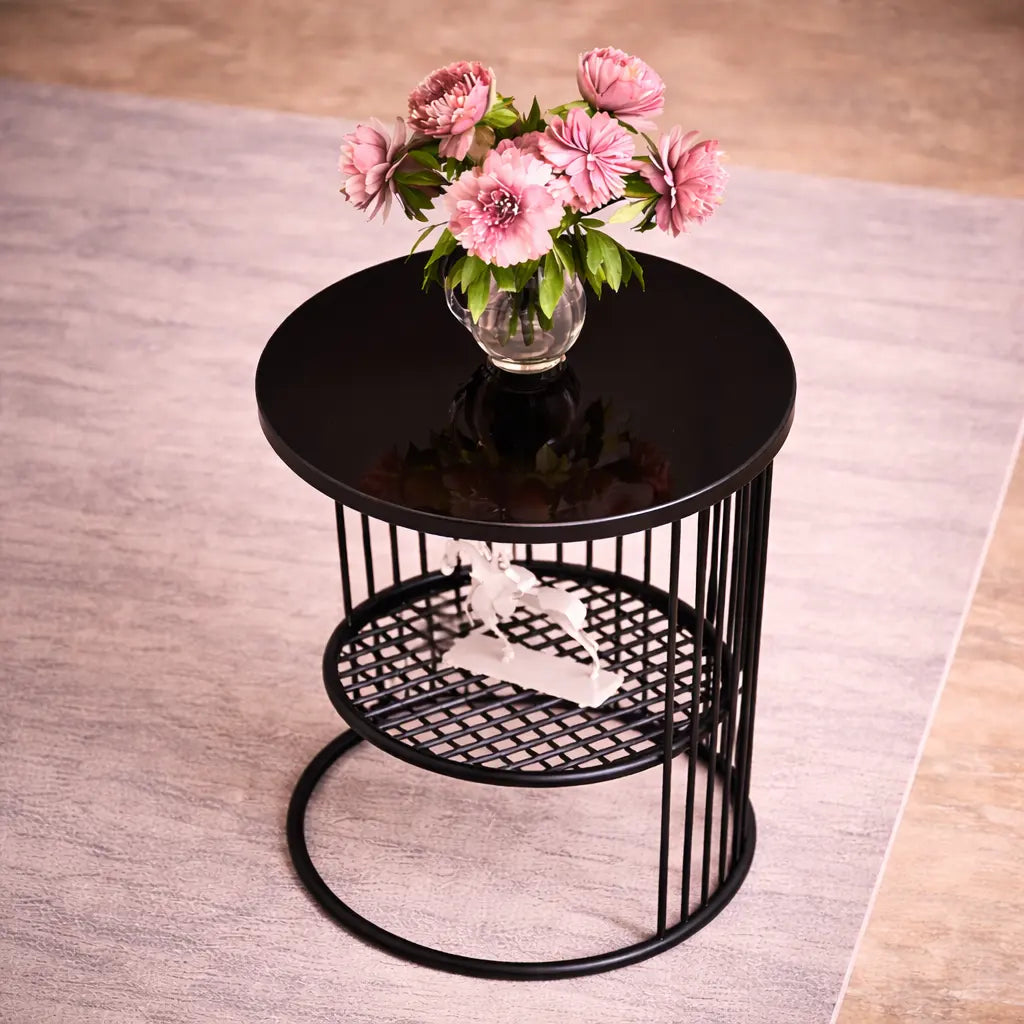 Designer Art Classic Black Finish Half Caged Coffee Round Side Table