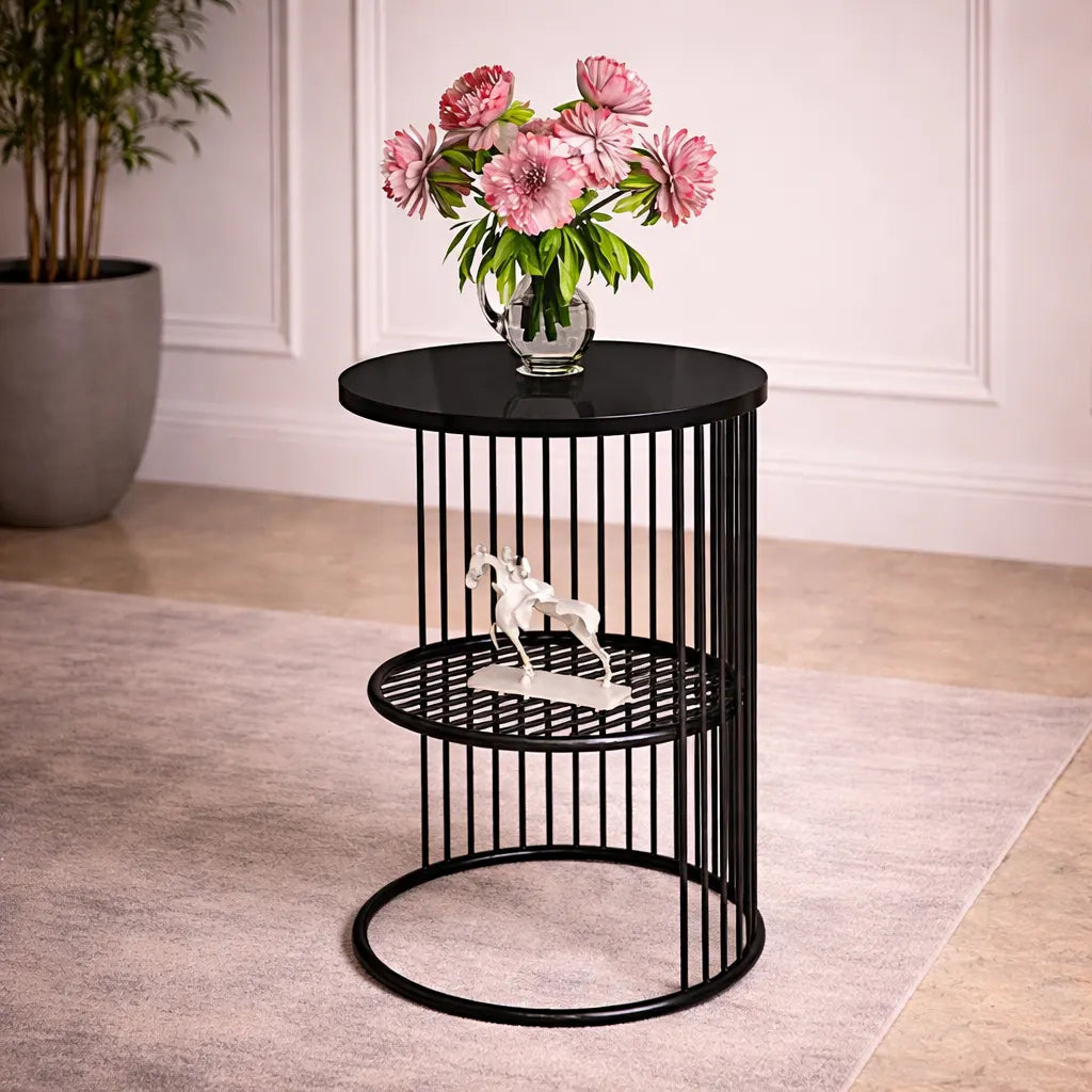 Designer Art Classic Black Finish Half Caged Coffee Round Side Table