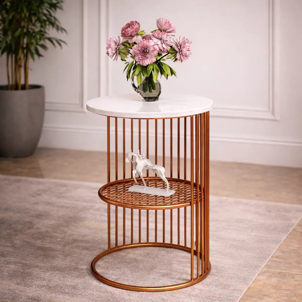 Designer Art Copper Half Caged White with Marble Coffee Round Side Table