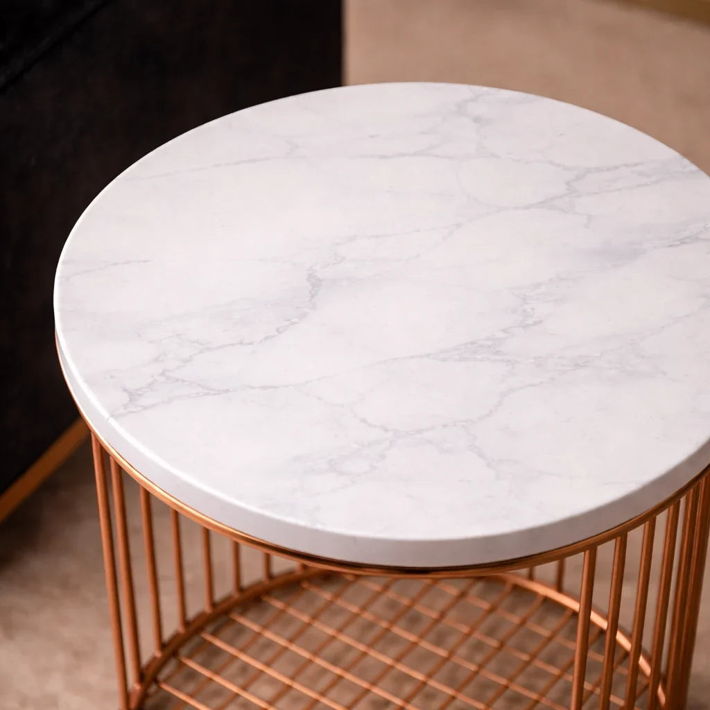 Designer Art Copper Half Caged White with Marble Coffee Round Side Table