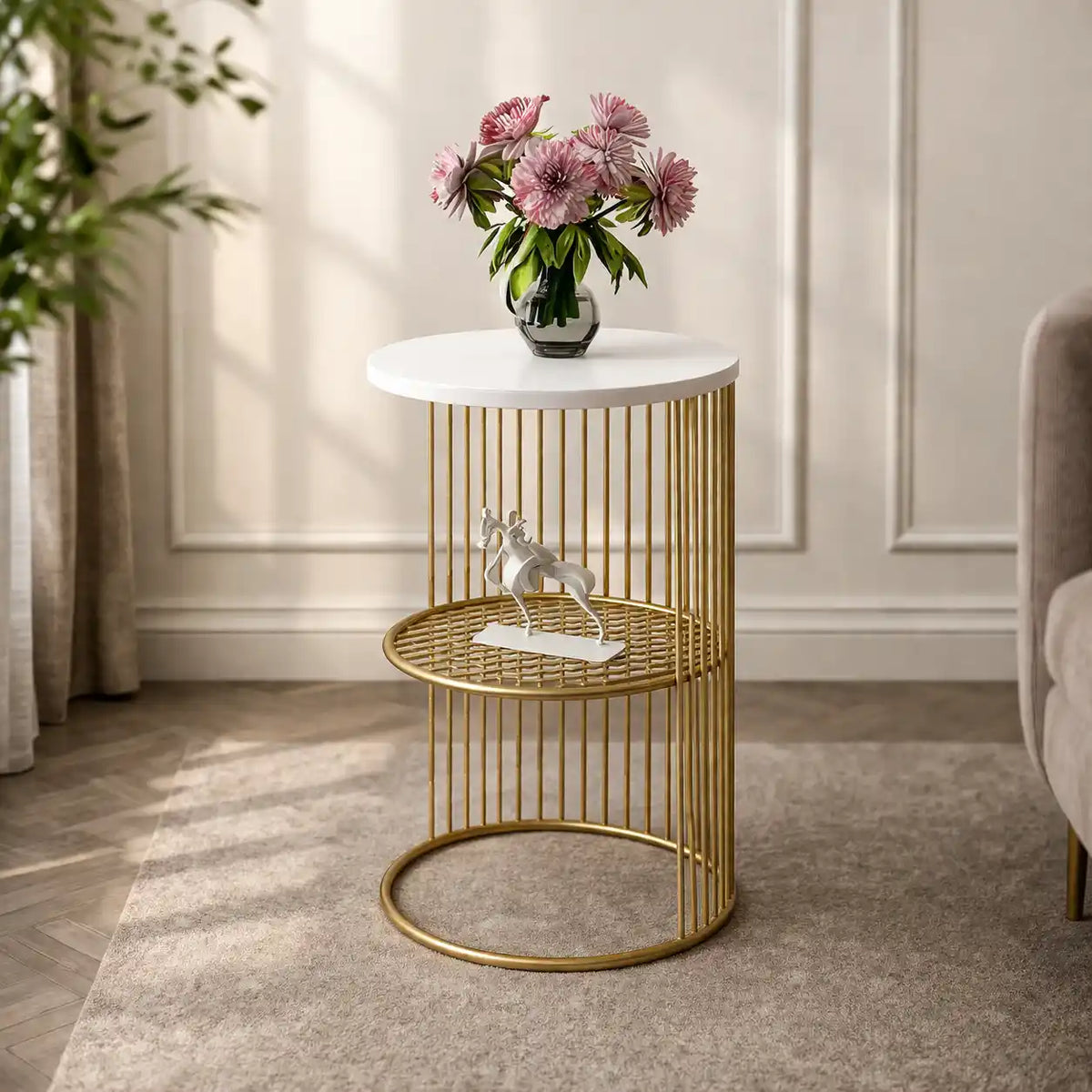 Designer Art Golden Half Caged White with Marble Coffee Round Side Table