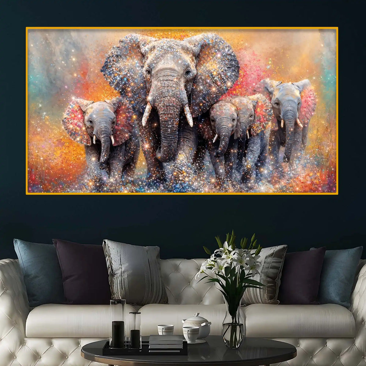 Designer Colorful Elephant Crystal Glass Wall Painting for Artistic Home Décor