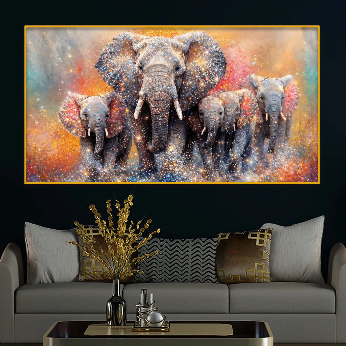 Designer Colorful Elephant Crystal Glass Wall Painting for Artistic Home Décor