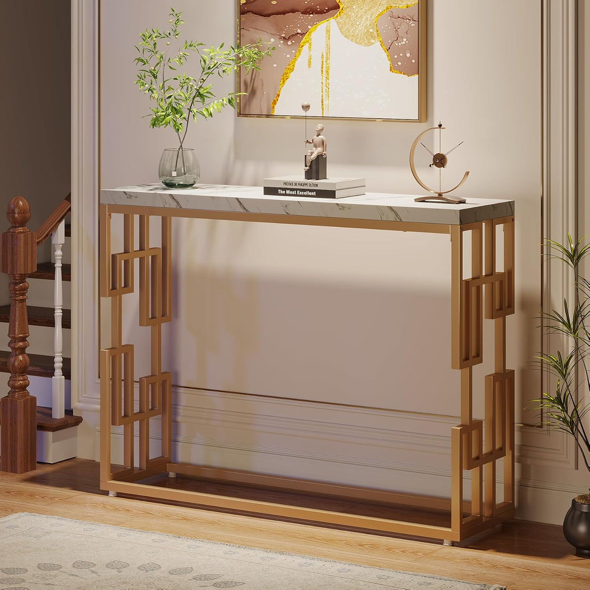 Designer Console Table with Unique Gold Frame and Marble Surface