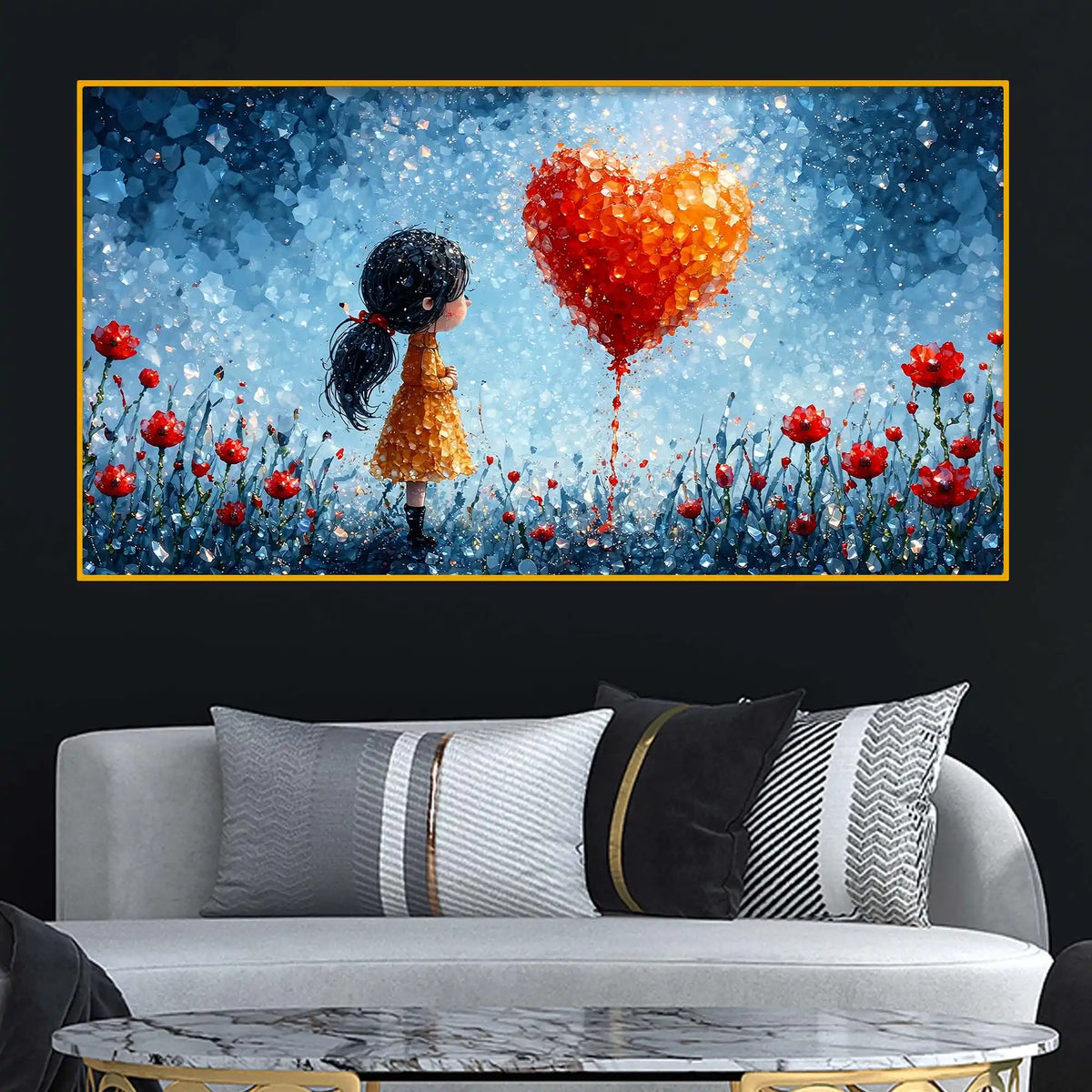 Designer Cute Girl with Heart Crystal Glass Wall Painting for Modern Wall Décor