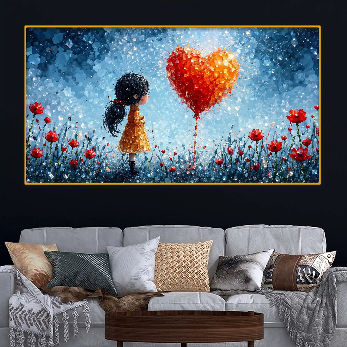 Designer Cute Girl with Heart Crystal Glass Wall Painting for Modern Wall Décor