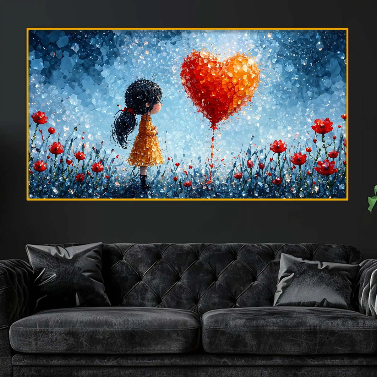 Designer Cute Girl with Heart Crystal Glass Wall Painting for Modern Wall Décor