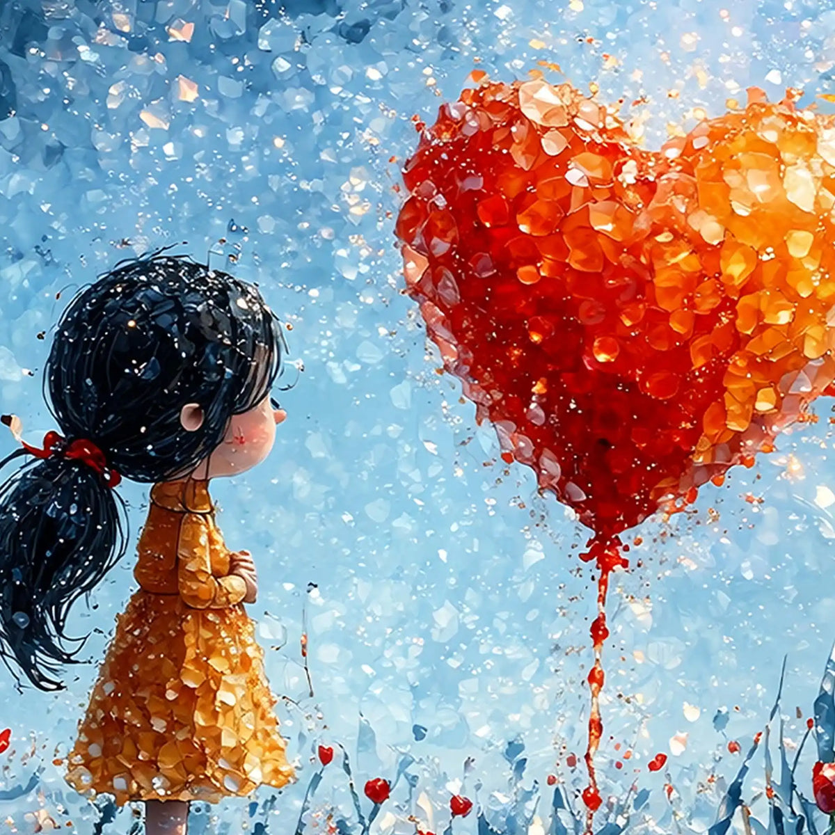 Designer Cute Girl with Heart Crystal Glass Wall Painting for Modern Wall Décor