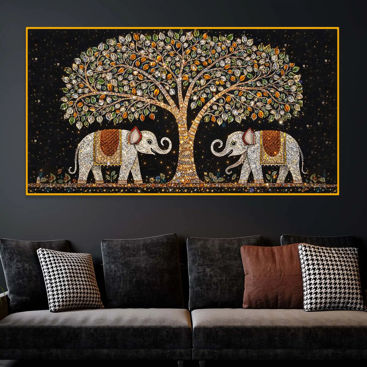 Designer Elephant Pair Under Tree Painting Crystal Glass Wall Art for Luxury Interiors