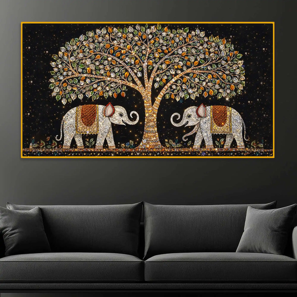 Designer Elephant Pair Under Tree Painting Crystal Glass Wall Art for Luxury Interiors