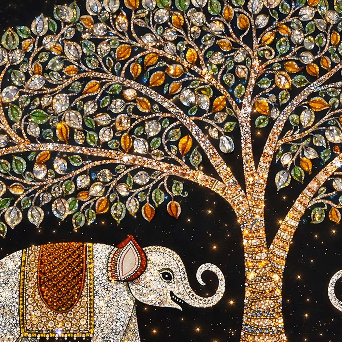 Designer Elephant Pair Under Tree Painting Crystal Glass Wall Art for Luxury Interiors