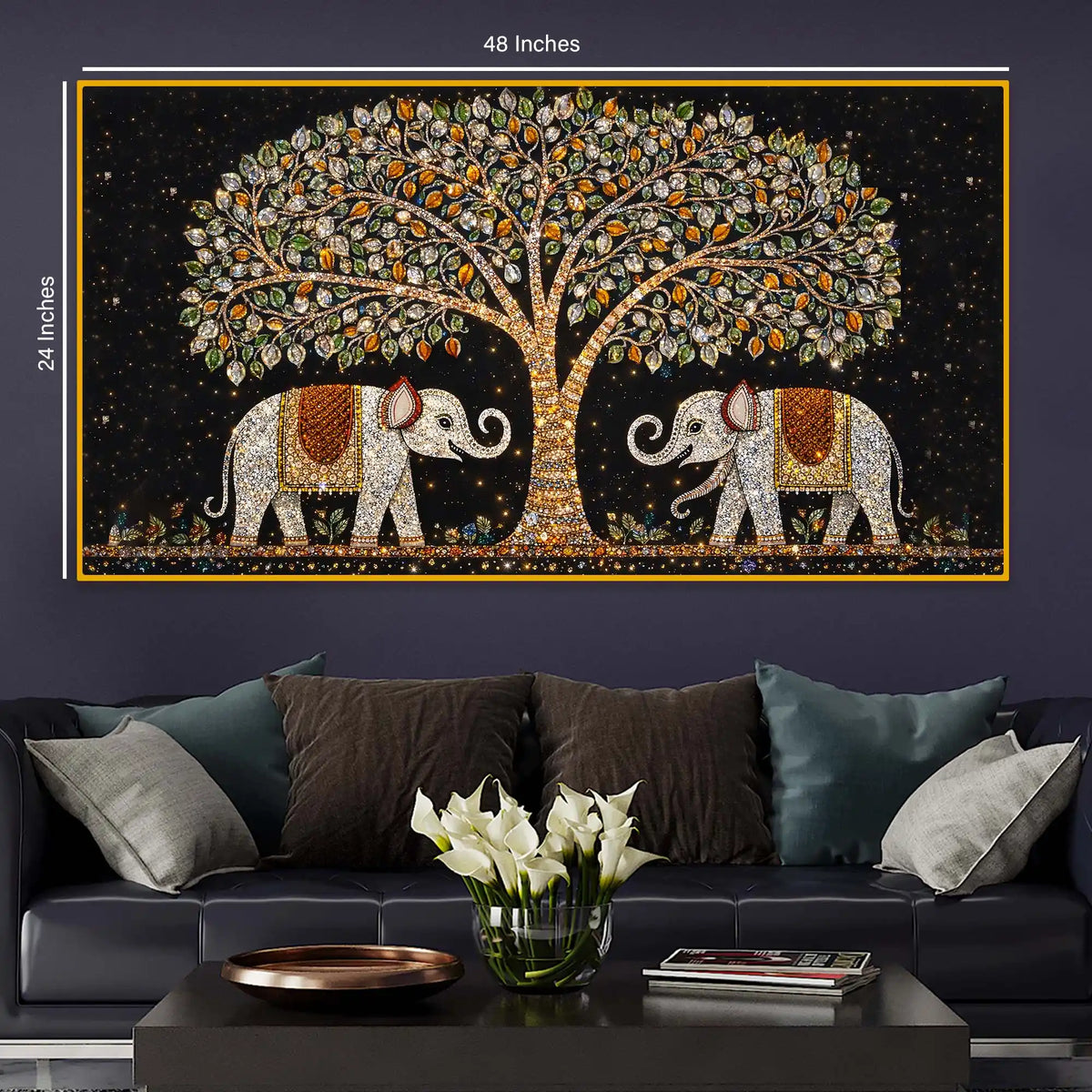 Designer Elephant Pair Under Tree Painting Crystal Glass Wall Art for Luxury Interiors
