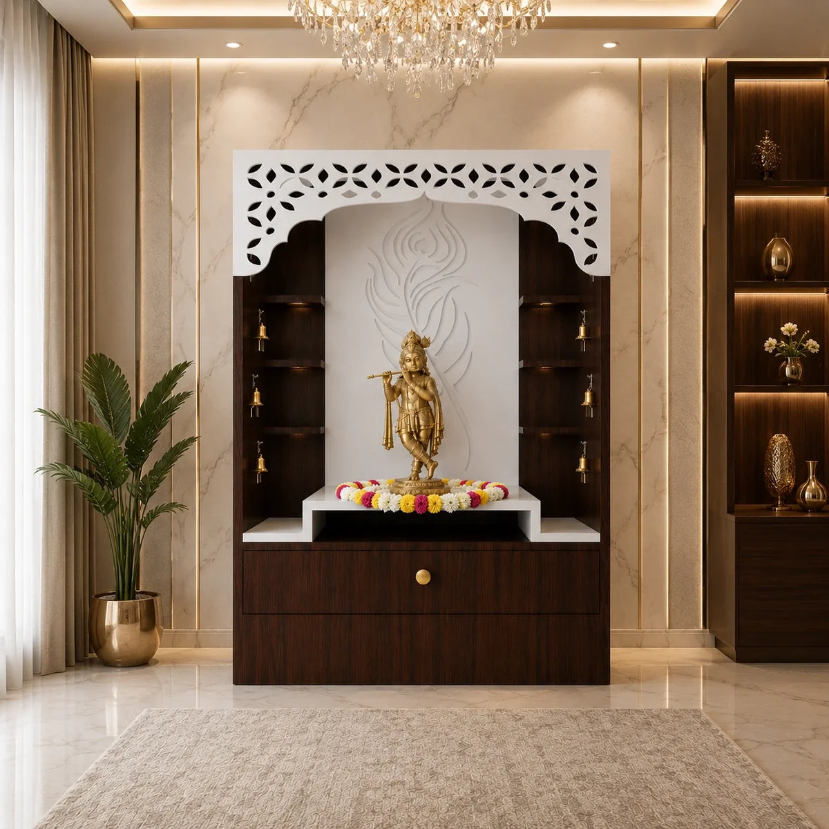 Designer Floor Pooja Mandir with LED Panel and Krishna Theme