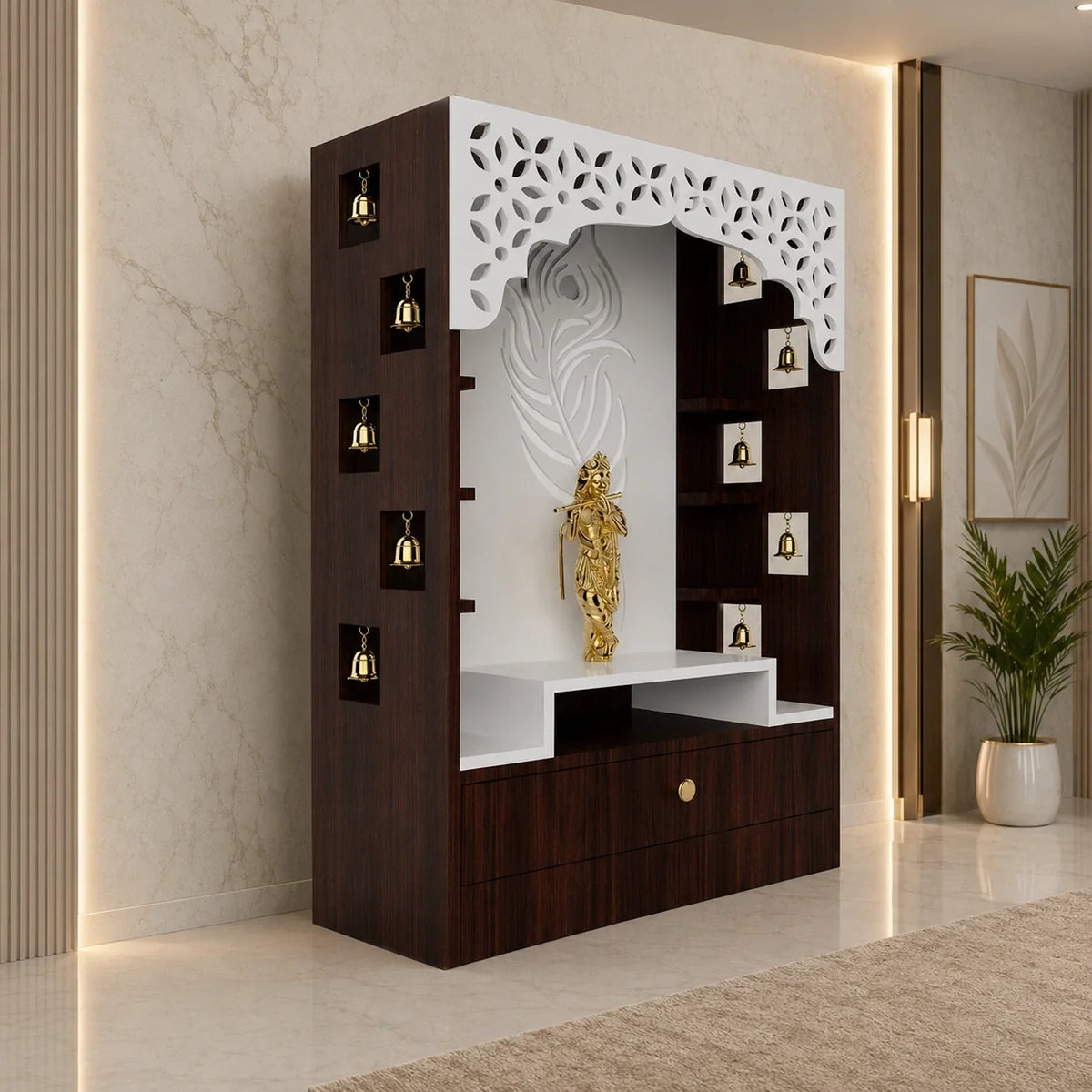 Designer Floor Pooja Mandir with LED Panel and Krishna Theme