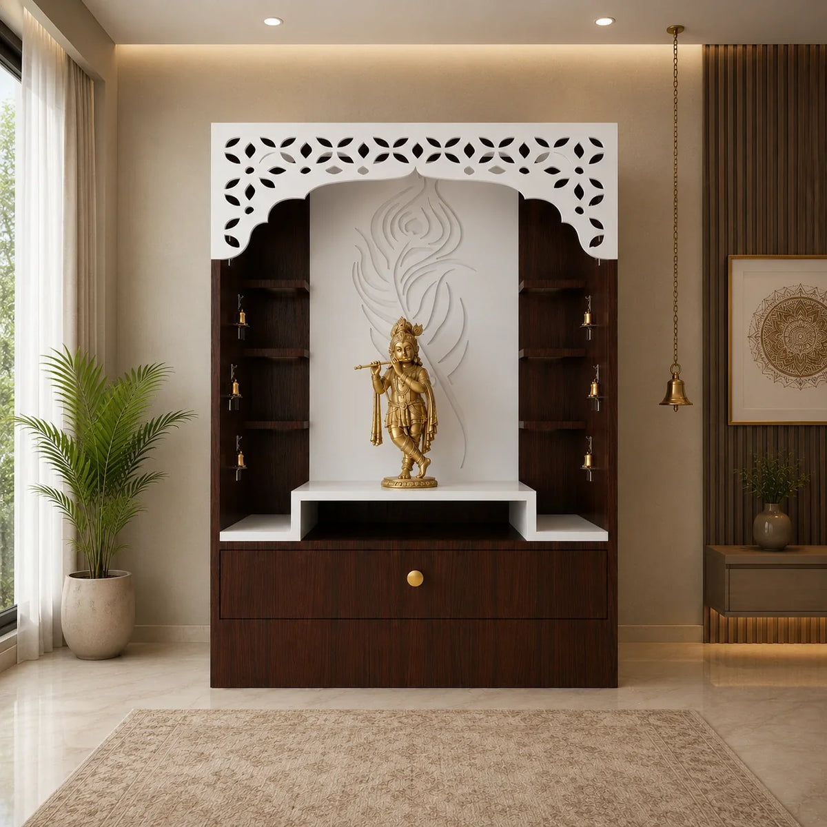 Designer Floor Pooja Mandir with LED Panel and Krishna Theme