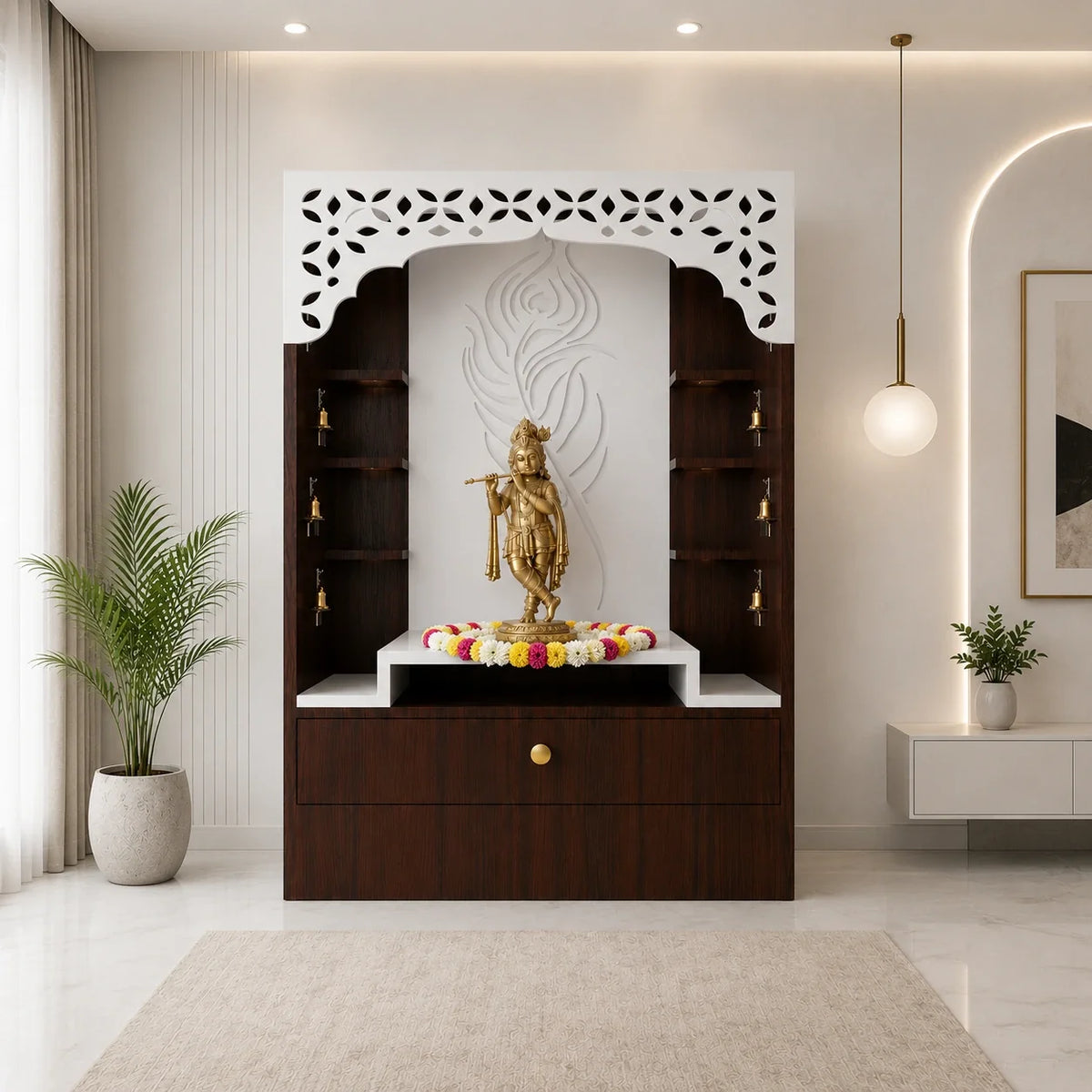 Designer Floor Pooja Mandir with LED Panel and Krishna Theme