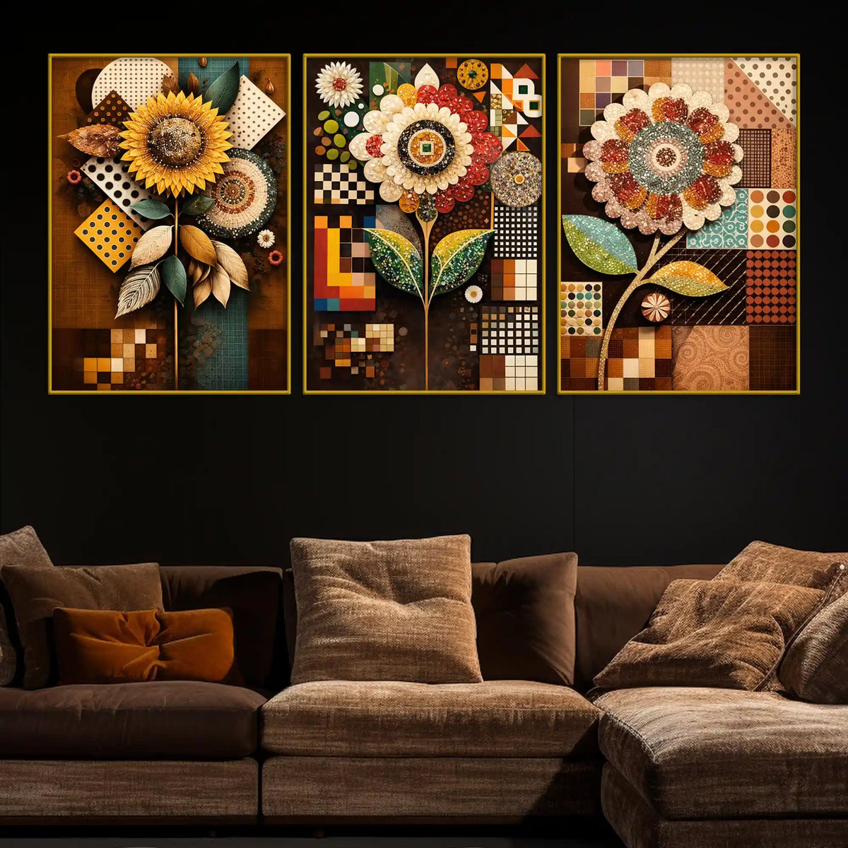 Designer Floral Mosaic Pattern Floating Frame Crystal Wall Painting Set of 3