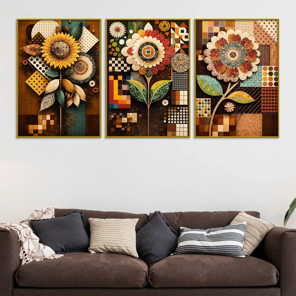 Designer Floral Mosaic Pattern Floating Frame Crystal Wall Painting Set of 3