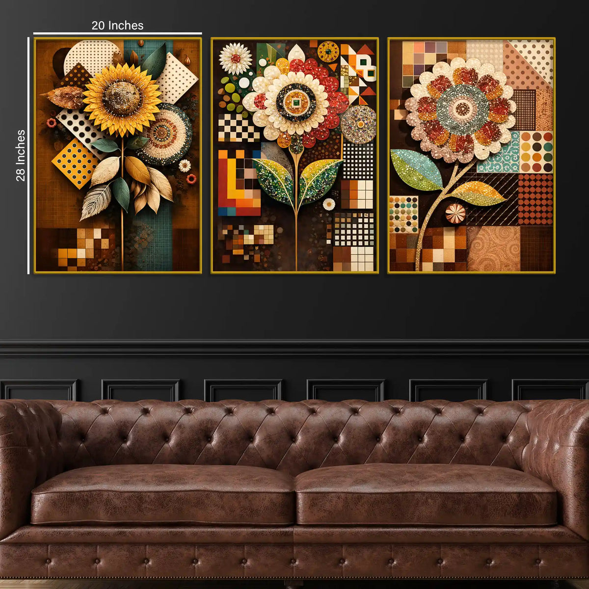 Designer Floral Mosaic Pattern Floating Frame Crystal Wall Painting Set of 3