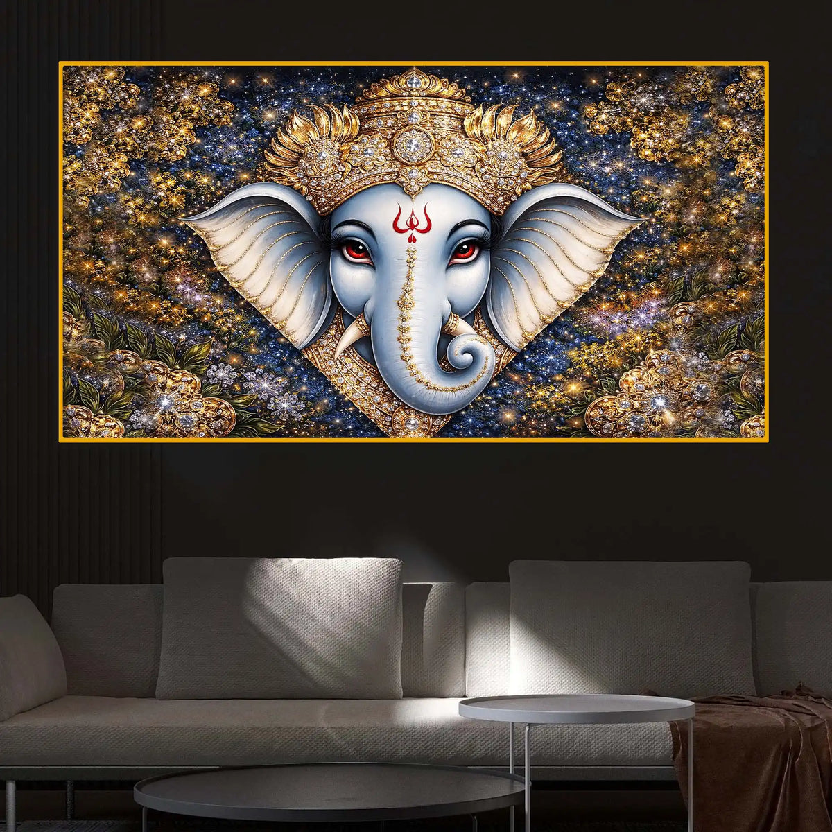 Designer Ganesh Ji Crystal Glass Wall Painting for Luxury Living Room