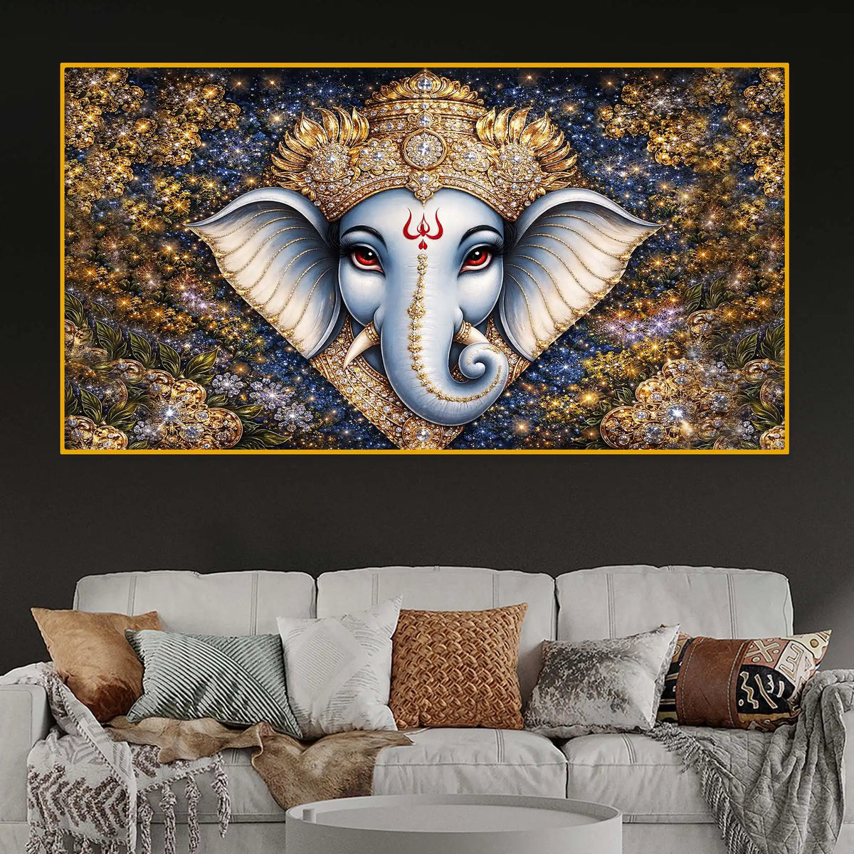 Designer Ganesh Ji Crystal Glass Wall Painting for Luxury Living Room
