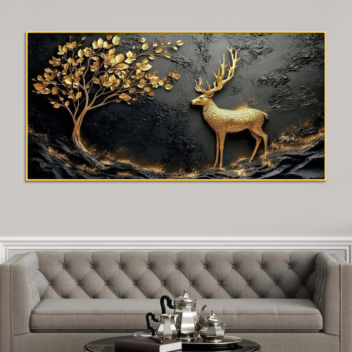 Designer Golden Deer Canvas Painting for Wall Décor